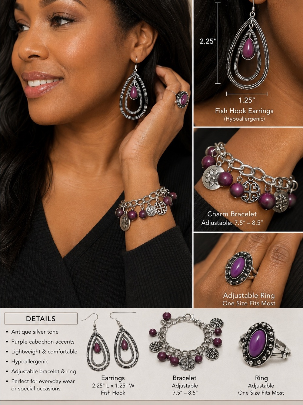 4 pcs Purple Cabochon Teardrop Earring Set-Bracelet,ring & earrings